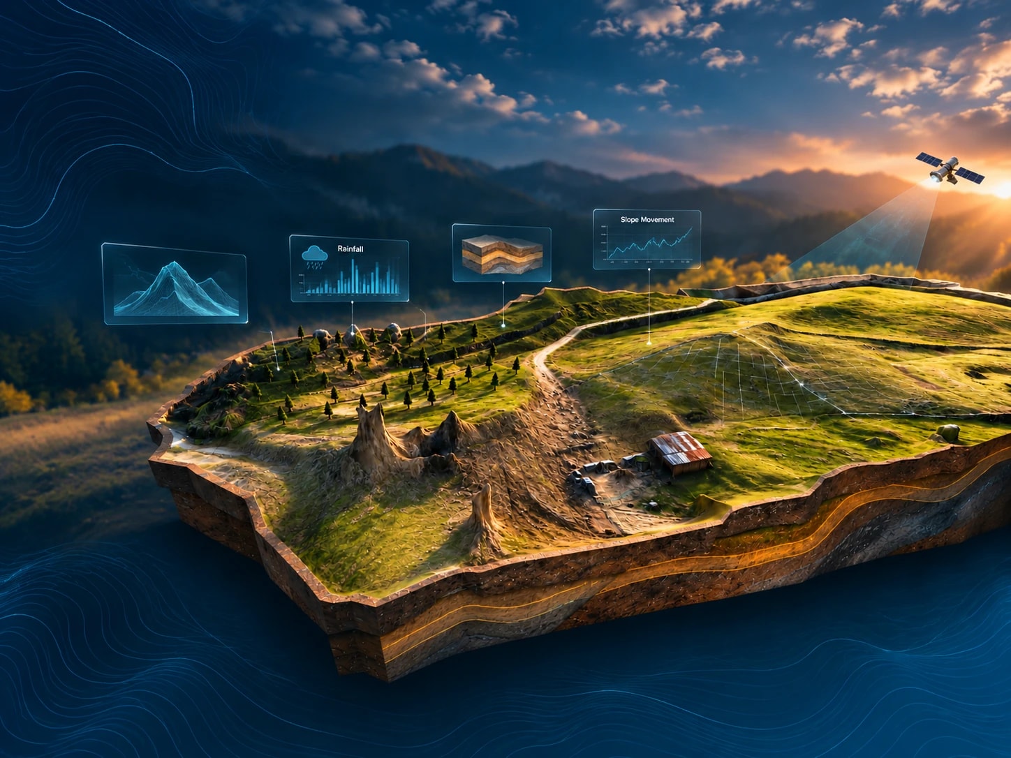 Satellite panels over mountain terrain