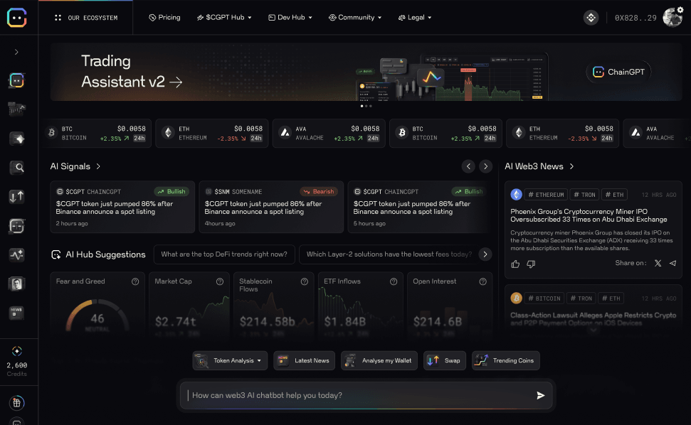 Hub dashboard combining AI signals, Web3 news, market gauges, and the Web3 chatbot prompt bar