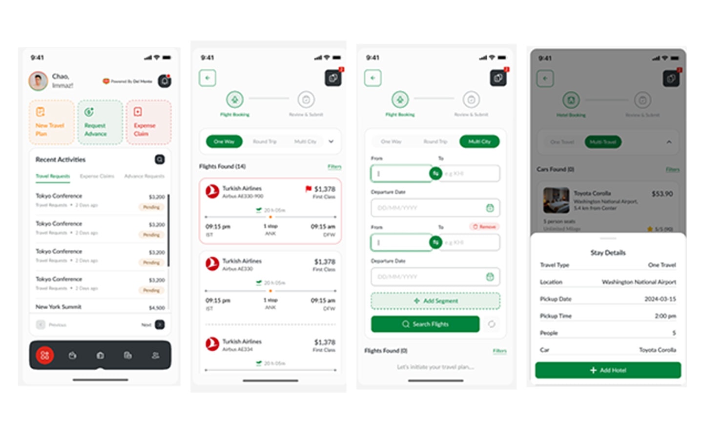 Travel requests, flight search and multi-city booking screens
